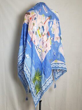Spartina 449 Linen Blend Scarf Daufuskie Island SC Map Coastal  Style 62"x42"